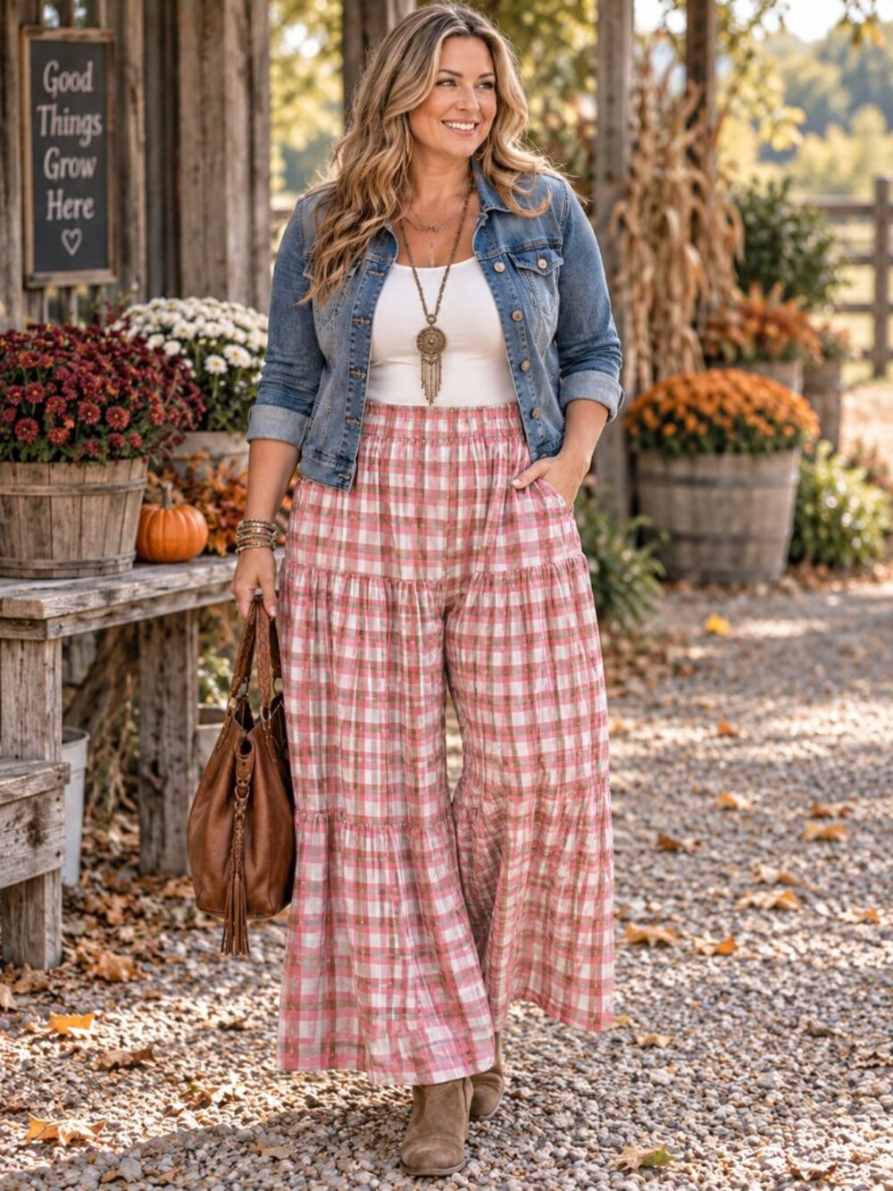 HALARA Boho Pants High Rise Wide Leg Pull-On Style Pink/White/Brown Check NWT XL